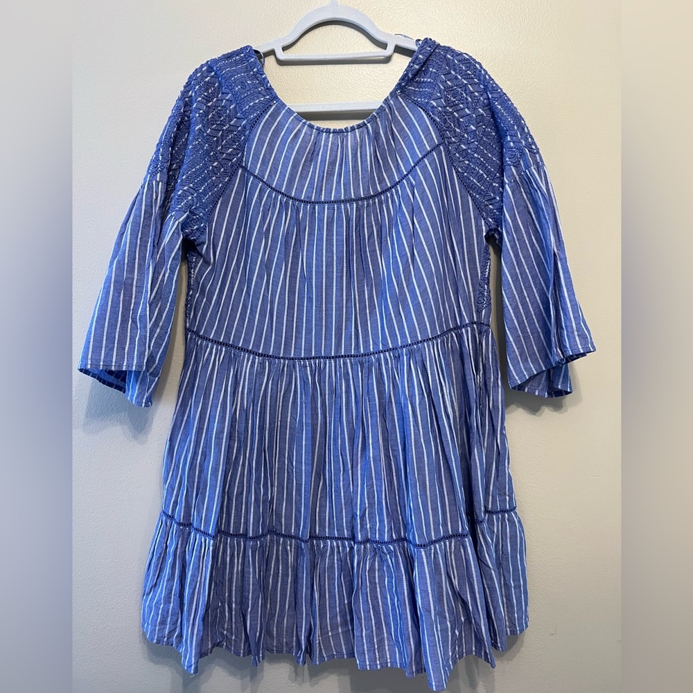 Free People Lola Lagenlook Embroidered Chambray Blue Bell Sleeve Boho Mini Dress